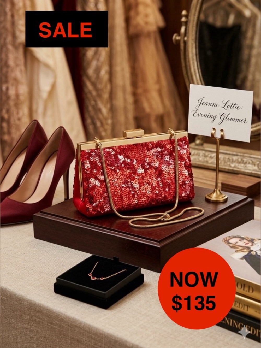 Authentic Jeanne Lottie Red Sequin Evening Clutch - Satin Back